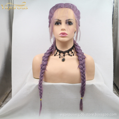 Vigorous long freetress purple african queen wholesale handmade braiding wig synthetic cornrow braid lace front wigs baby hair